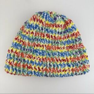 OOAK Handmade Women's OSFM Hand Knit Rainbow Beanie Winter Hat Cap Ribbed Cuffed